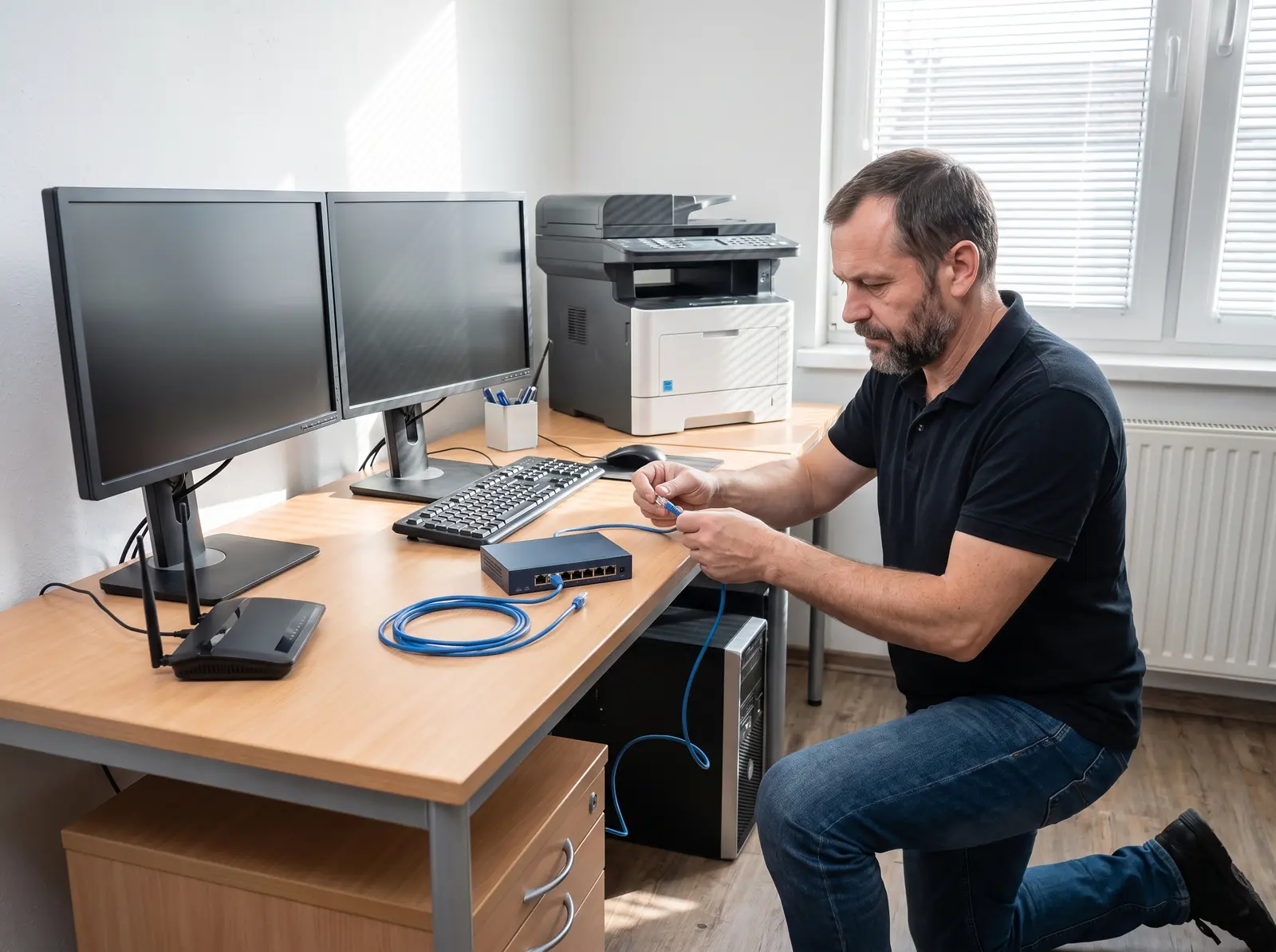 Technician configuring network equipment at a small-business computer workstation