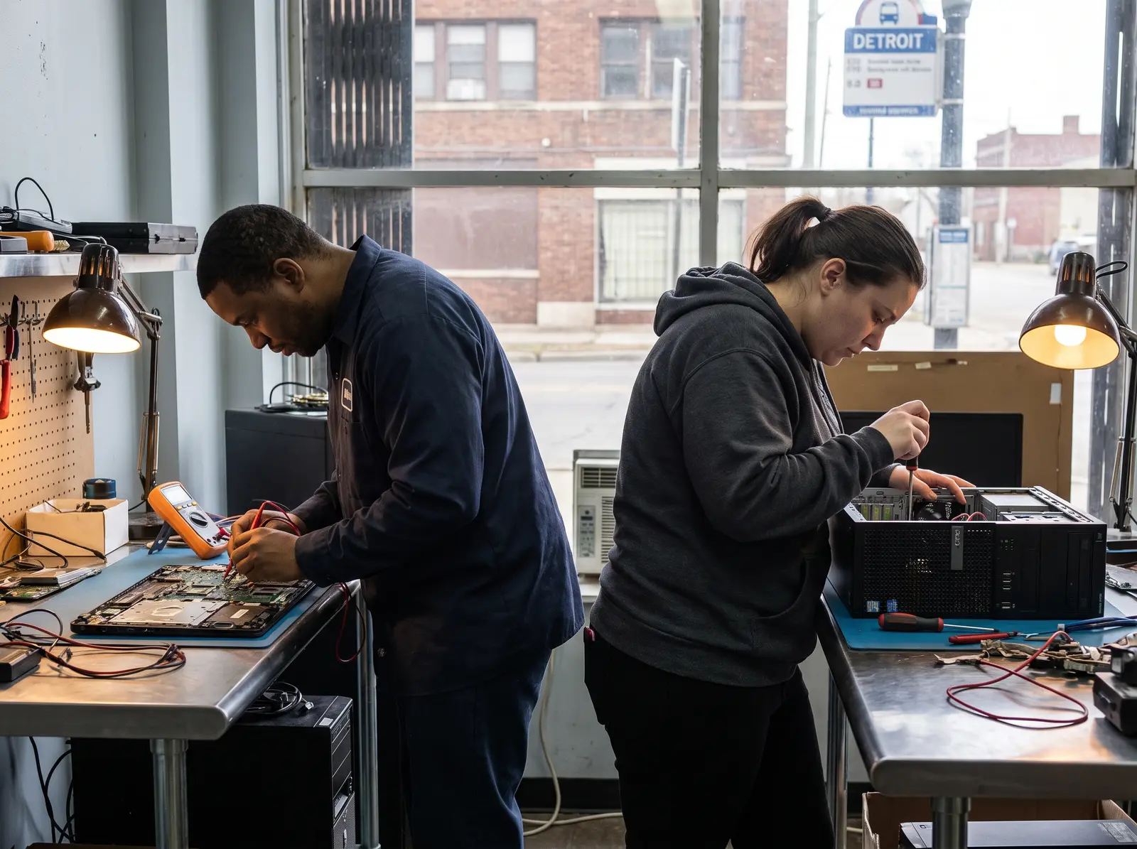 Computer technicians diagnosing and repairing laptop and desktop hardware at a workbench