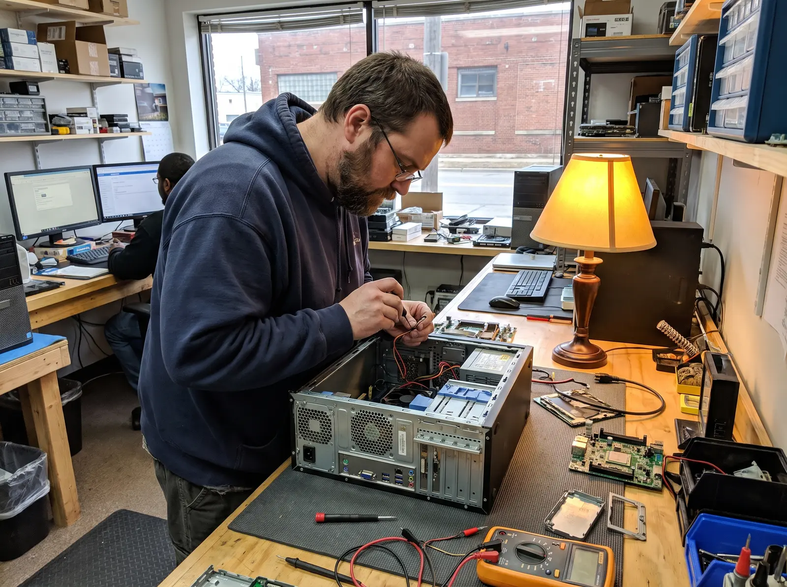 Computer technician working inside an open desktop computer with diagnostic tools nearby